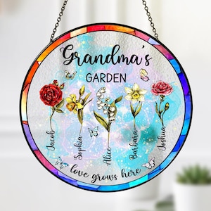 Custom Family Birth Flowers Stained Glass Suncatcher,Grandma Gift,Grandma&#39;s Garden,Mothers Day Gift For Mom,Flowers Glass Art,Window Hanging