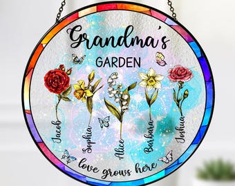 Attrape-soleil en verre teinté de fleurs de naissance de famille, cadeau de grand-mère, jardin de grand-mère, cadeau de fête des mères pour maman, art en verre de fleurs, suspension de fenêtre