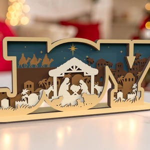 JOY Nativity Christmas Sign,3D Carved Wooden JOY Letter Ornament,Christmas Gift Desk Decor,Christian Gift,Religious Holiday,Jesus Birth