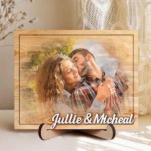 Custom Photo Frame,Photo on Wood with Watercolor Style,Couple Picture Frame Anniversary Wedding,Portrait from Photo,Long Distance Gift