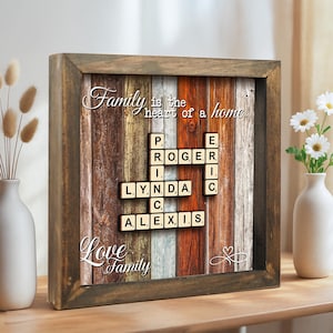 Presente para a família, Moldura personalizada com nome de família para Scrabble, Placa de palavras cruzadas para Scrabble, Presente para avós, Arte com letras em azulejo, Presente para avó, Decoração rústica