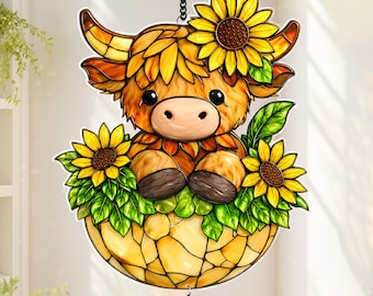 Highland Cow Suncatcher,Cute Sunflower Cow Suncatcher in Basket,Cow Window Hanging,Farmhouse Animal Decor Gift, Cottagecore & Cow Lovers