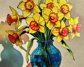Everlasting Daffodils in Vase Stained Glass Suncatcher, Flowers Acrylic Window Hanging Art Decoration, Mothers day Gift for Mom, Nana Gift