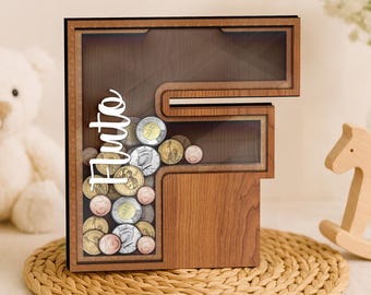 Grande tirelire en bois personnalisée pour enfants, cadeau en bois pour enfants, tirelire avec nom personnalisé, tirelire alphabet en bois en bois anniversaire