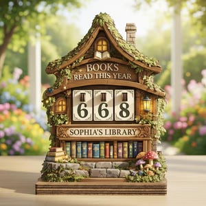 Può includere: Un fantasioso contatore di libri in legno a forma di cottage, che mostra "BOOKS READ THIS YEAR" e il numero "668". Il cottage presenta una biblioteca in miniatura, un camino ed è adornato da vegetazione e funghi. È visibile anche il testo "SOPHIA'S LIBRARY".