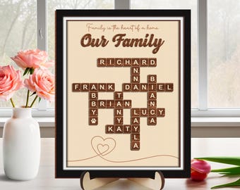 La fête des mères offre un cadre de famille Scrabble, un puzzle de scrabble en bois personnalisé, un casse-tête de nom, un cadeau pour maman, un cadeau pour la fête des mères.
