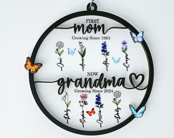 Personalized Birth Month Flowers Day,First Mom Now Grandma Suncatcher Window Hanging,Mother's Day Gift Mom,Grandma With Kid,Grandma's Garden