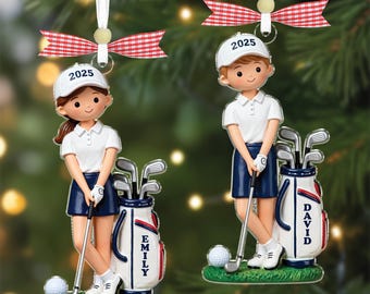 Anpassad golfspelare julgransprydnad, golfryggsäck, golfälskare present, golfspelare, golfklubba minnessak, present till proffsgolfare, namngiven golfälskare present