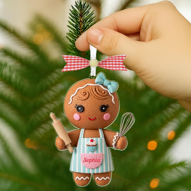 May include: A gingerbread cookie ornament with a light blue bow and apron, holding a rolling pin and whisk. The apron has a cupcake design and the name "Sophia". The ornament is suspended by a white string and red and white checkered bow.