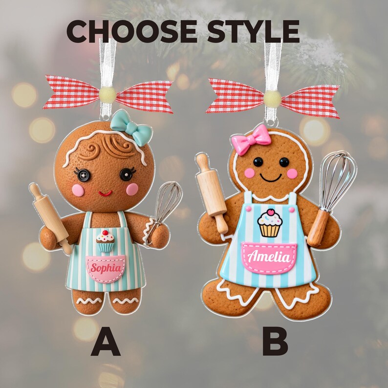 May include: Two gingerbread cookie ornaments, each with a bow, apron, and baking tools. One has a blue bow and the name "Sophia", the other has a pink bow and the name "Amelia". Both have red and white checkered bows.