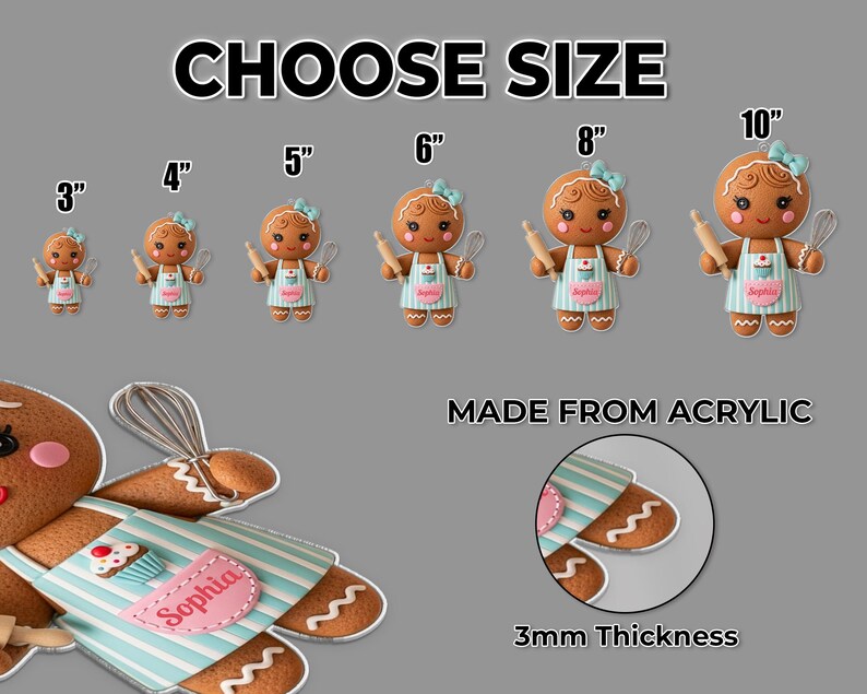 May include: Gingerbread girl acrylic ornaments in various sizes, from 3" to 10". Each ornament features a blue bow, apron with a cupcake, and a rolling pin or whisk. The text "CHOOSE SIZE" and "MADE FROM ACRYLIC" are displayed.