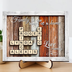 Regalo familiar, marco personalizado de Scrabble con nombre de familia, letrero de crucigrama de Scrabble, regalo para abuelos, arte con letras en mosaico, regalo para abuela, decoración rústica
