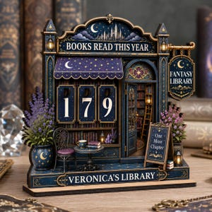 Könnte beinhalten: Ein dunkelblaues Buch-Nook-Diorama mit dem Titel Veronica's Library, das ein Fantasy Library-Schild, einen Books Read This Year-Zähler mit der Zahl 179, einen Miniatur-Cafétisch mit Stühlen, Lavendelpflanzen und ein One More Chapter-Schild zeigt.