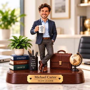 May include: A custom figurine of a smiling person in a navy blazer and grey trousers standing on a wooden base with a gold plaque reading Michael Carter TEAM LEADER. The figure holds a mug with text and stands beside books, a pen holder, and a globe.