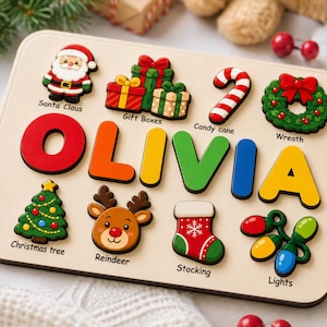 Rompecabezas navideño personalizado con nombre, rompecabezas de madera de Papá Noel con nombre, juguete Montessori navideño, regalo para niños, decoración navideña para la habitación infantil, regalo de Navidad para niños pequeños
