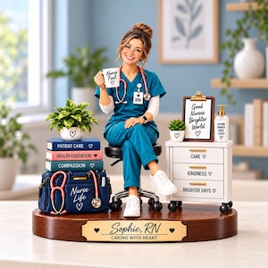May include: A figurine of a nurse in teal scrubs holding a mug labeled Nurse Fuel, sitting on a stool. Beside are books labeled Patient Care, Health Education, Compassion, a bag labeled Nurse Life, a cart with drawers labeled Care, Kindness, Brighter Days, and a plaque reading Sophie, RN.
