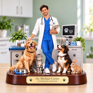 May include: A figurine of a veterinarian in a white coat and blue scrubs standing with a golden retriever, a tabby cat, an Australian shepherd, and a rabbit. The base features a gold plaque with the text Dr. Michael Carter VETERINARY SURGEON.