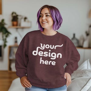Heather Sport Dark Maroon Gildan 18000 Mockup Plus Size Model Mock up G18000 Crewneck Sweatshirt Popular High-Quality Unisex Mock-ups
