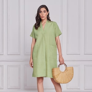 Linen Midi Dress for Women – Loose Fit Summer Linen Dress with Short Sleeves, Casual Plus Size Clothing, Breathable Vacation Outfit
