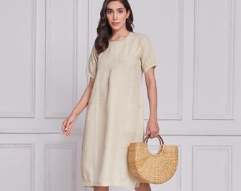 Organic Linen Midi Dress, Loose Fit Summer Dress, Breathable Minimalist Clothing