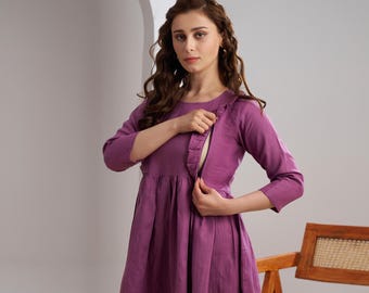 Vestido de amamentação de linho orgânico: midi para maternidade com zíperes ocultos