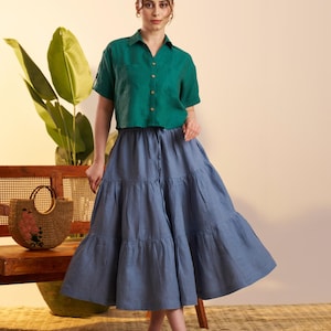 Tiered Linen Maxi Skirt: Bohemian Style, Elastic Waist
