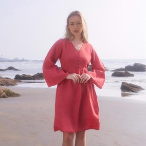 Linen Midi Dress with Elastic Waist, Loose Fit Kimono Sleeve Dress, Casual Summer Linen Dress for Women, Plus Size Linen Clothing