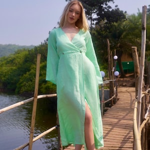 Organic Linen Maxi Wrap Dress: Long Sleeve Elegant Wedding Dress