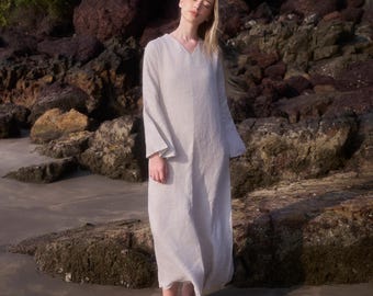 Long Linen Kaftan Dress, Bell Sleeve Maxi Abaya, Loose Fit Dress with Pockets