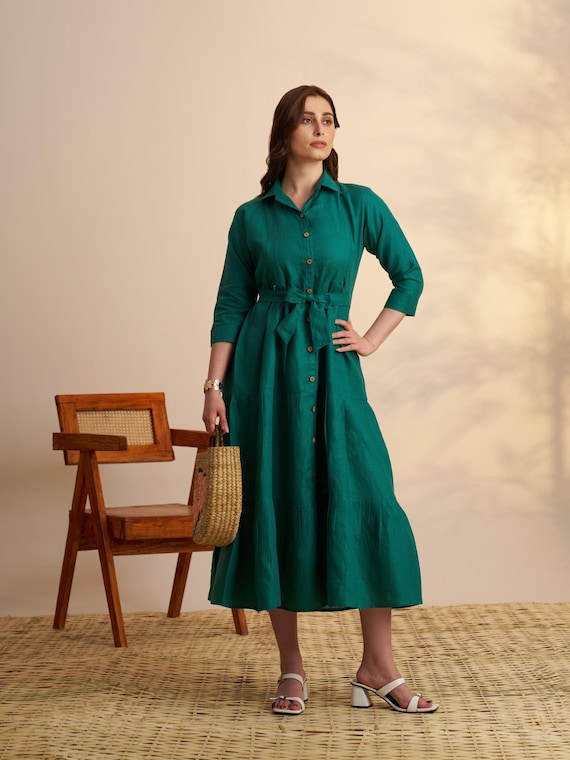 Organic Linen Nursing Dress: Maternity Midi with Pockets