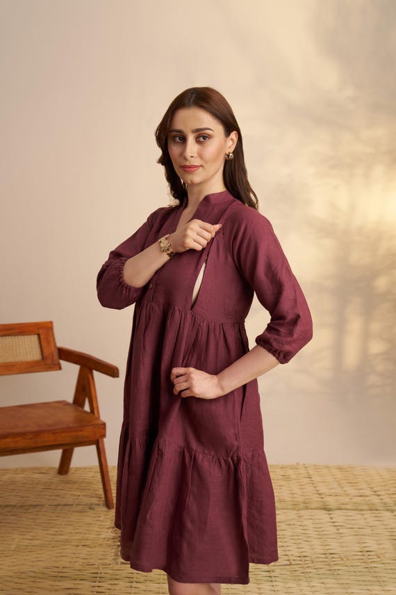 Dark Plum Linen Nursing Dress, Organic Maternity Midi with Hidden Zippers, 3/4 Sleeve Breastfeeding Dress Dark Plum Linen Nursing Dress, Organic Maternity Midi with Hidden Zippers, 3/4 Sleeve Breastfeeding Dress