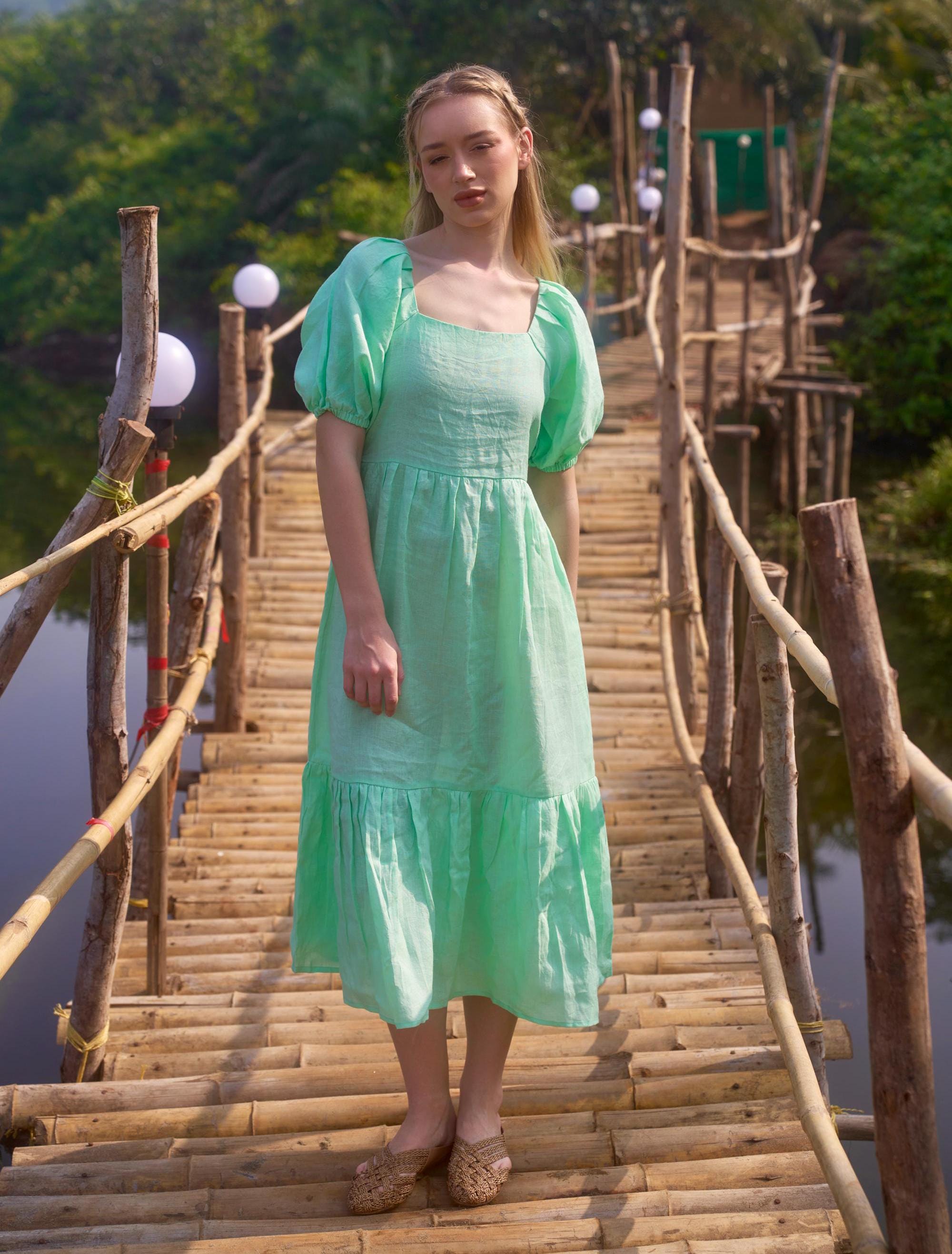 Organic Linen Midi Dress: Square Neck Summer Tunic Organic Linen Midi Dress: Square Neck Summer Tunic