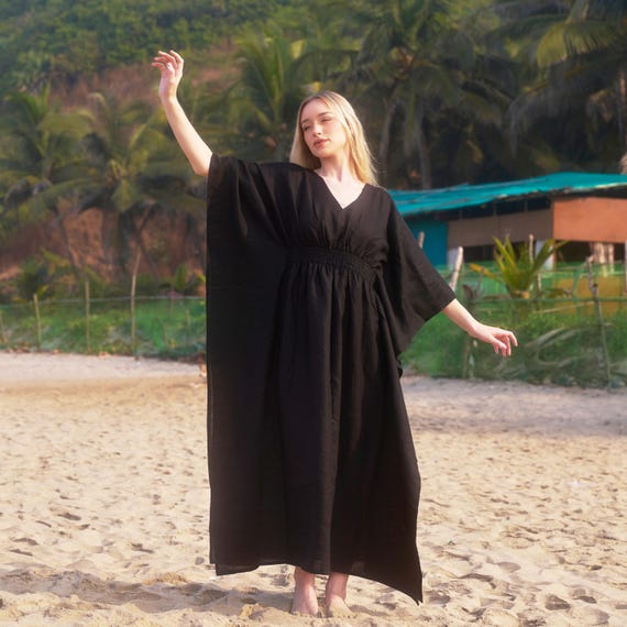 Organic Linen Kaftan Dress: Black Maxi Dress with Pockets