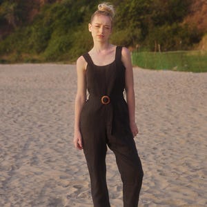 Linen Jumpsuit, Sleeveless Jumpsuit with Pockets, Loose Fit Linen Overalls, Summer Black Jumpsuit for Women