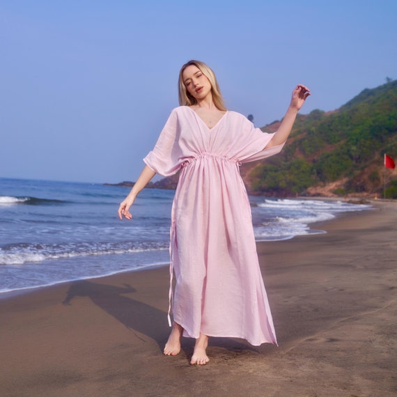 Organic Linen Kaftan Maxi Dress: Handmade Summer Beach Cover-up