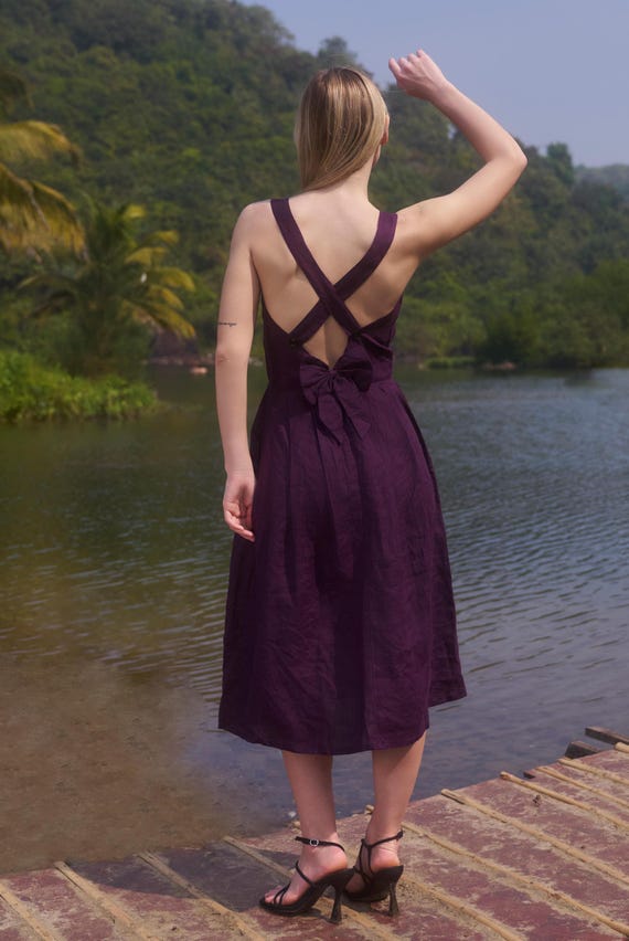 Linen Midi Dress with Bow Back Open Pinafore Cottagecore Bridesmaid Dress