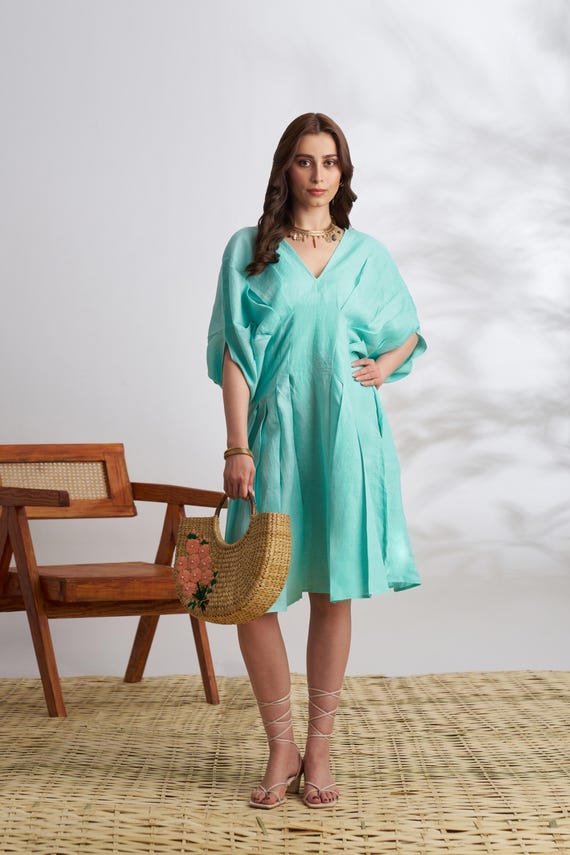Linen Midi Dress: Sky Blue V-Neck Summer Dress Linen Midi Dress: Sky Blue V-Neck Summer Dress