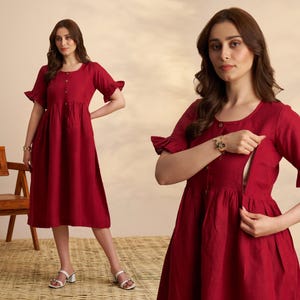 Linen Breastfeeding Dress | Nursing Dress with Pockets | Loose Fit Maternity Midi Dress | 100% Linen Summer Dress | Baby Shower Outfit