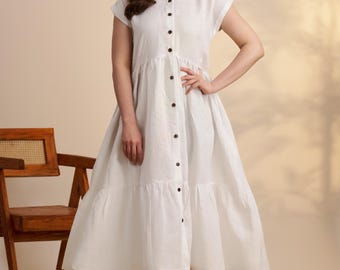 White Linen Shirt Dress, Button Down Maxi, Loose Fit Summer Dress White Linen Shirt Dress, Button Down Maxi, Loose Fit Summer Dress