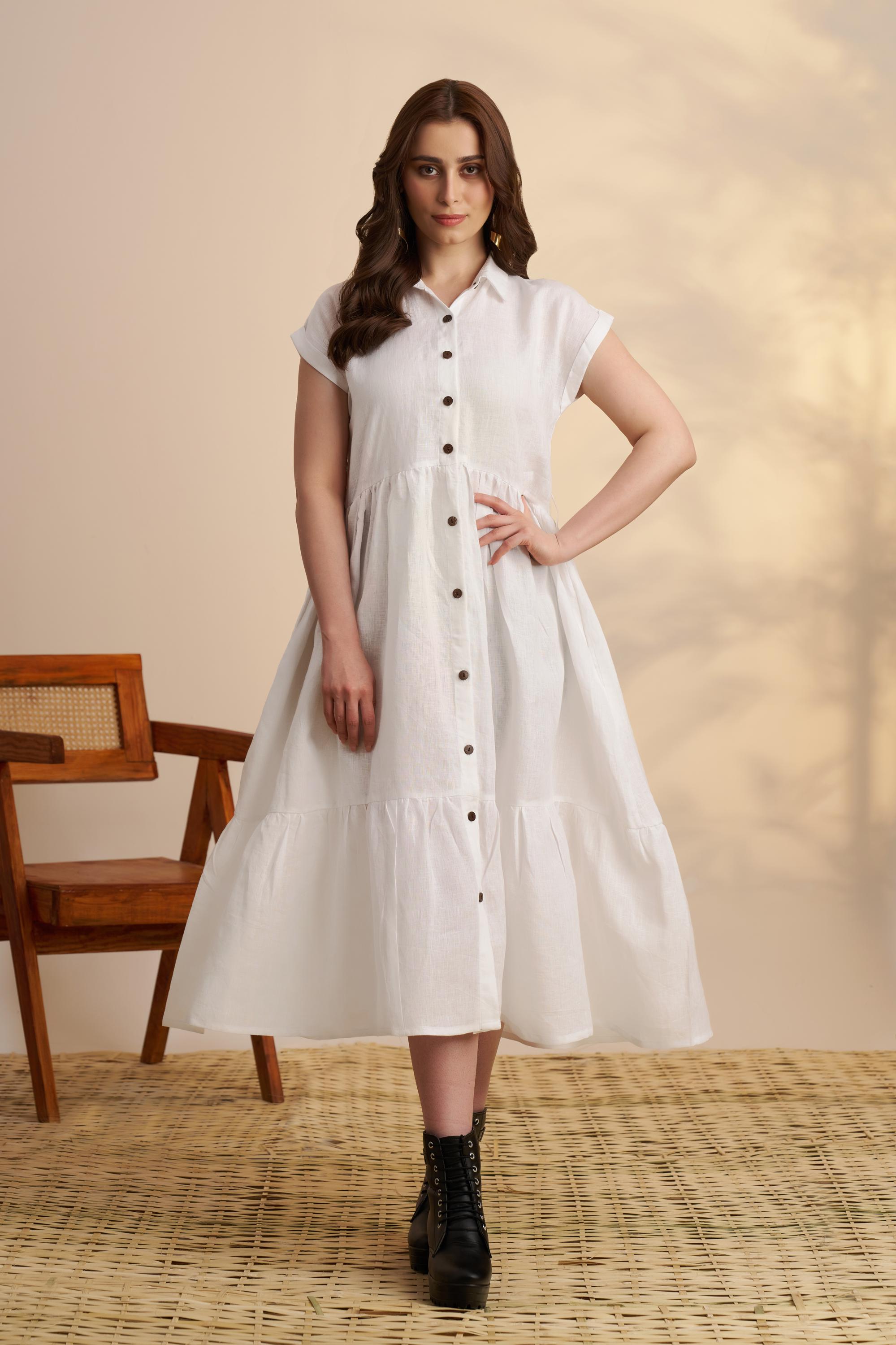 white button up linen dress White Linen Shirt Dress, Button Down Maxi, Loose Fit Summer Dress