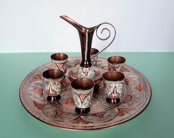 Beautiful Eastern COPPER COFFEE SET, with 6 Cups, matching Pitcher and Tray.