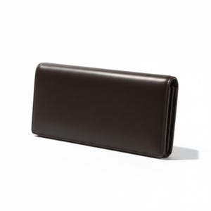 May include: A dark brown leather wallet with a rectangular shape. The wallet has a smooth, glossy finish and appears to be closed. The wallet is set against a white background.