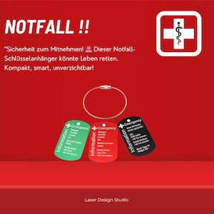 Notfallkarte / Notfallanhänger / Emergency Card für z.B. den Schlüsselbund aus Aluminium graviert / Lebensretter / wichtige Informationen