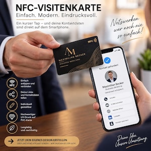 Könnte beinhalten: Eine schwarze NFC-Visitenkarte mit goldener Aufschrift Maximilian Becker Business Beratung, gehalten neben einem Smartphone mit Kontaktprofil. Die Karte zeigt ein NFC-Symbol und goldene Wellenmuster auf einer mattschwarzen Oberfläche.