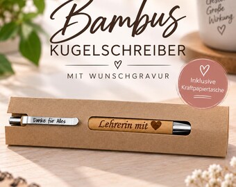 Personalisierter Bambus Kugelschreiber mit Clip Gravur und Kraftpapiertasche – Abschiedsgeschenk, Hochzeit, Geschenkidee, Name, Gastgeschenk