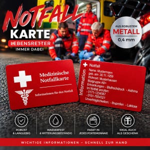 SOS Notfallkarte aus Metall – Gravierte ICE Notfall Visitenkarte für Brieftasche | Medizinische Info Karte personalisiert & robust