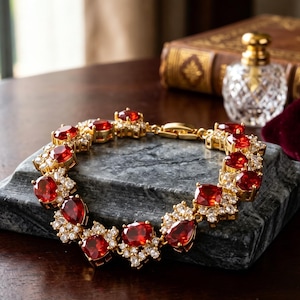 Gold Plated Red Crystal Bracelet, Cubic Zirconia Tennis Bracelet, Vintage Glam Statement Bracelet, Ruby Red Evening Jewelry for Women
