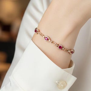 Vintage Red Gemstone Bracelet, Silver Plated Chain Bracelet,  Red Stone Jewelry, Elegant Evening Bracelet for Women ,July Birthstone Jewelry