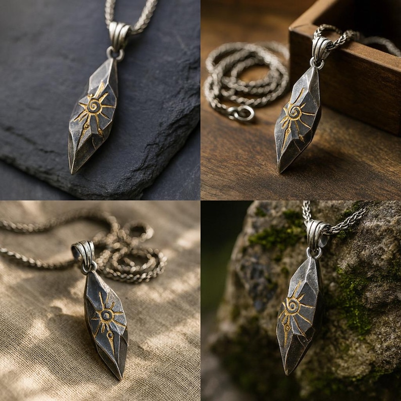 Sun Rune Stone Vintage Wish Stone Pendant – Sun Rune Talisman Necklace, Meteorite ...