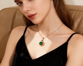 Green  Gemstone Jewelry Set, Emerald Necklace Bracelet Earrings Ring Set, Gold Plated Copper Green Stone Set, Vintage Elegant Gift for Her